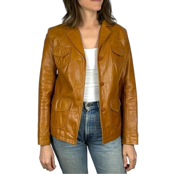 STEVE MADDEN Y2K RETRO 70'S CARAMEL LEATHER BUTTON DOWN CAR COAT JACKET - Picture 1 of 15